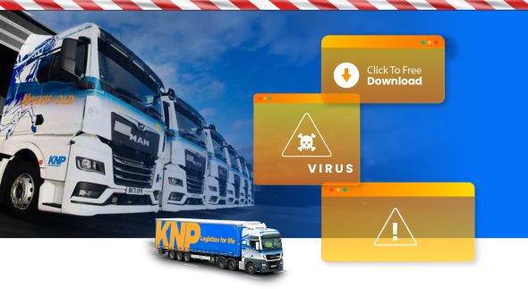 camiones en fila de, con alertas de virus y de la marca KNP